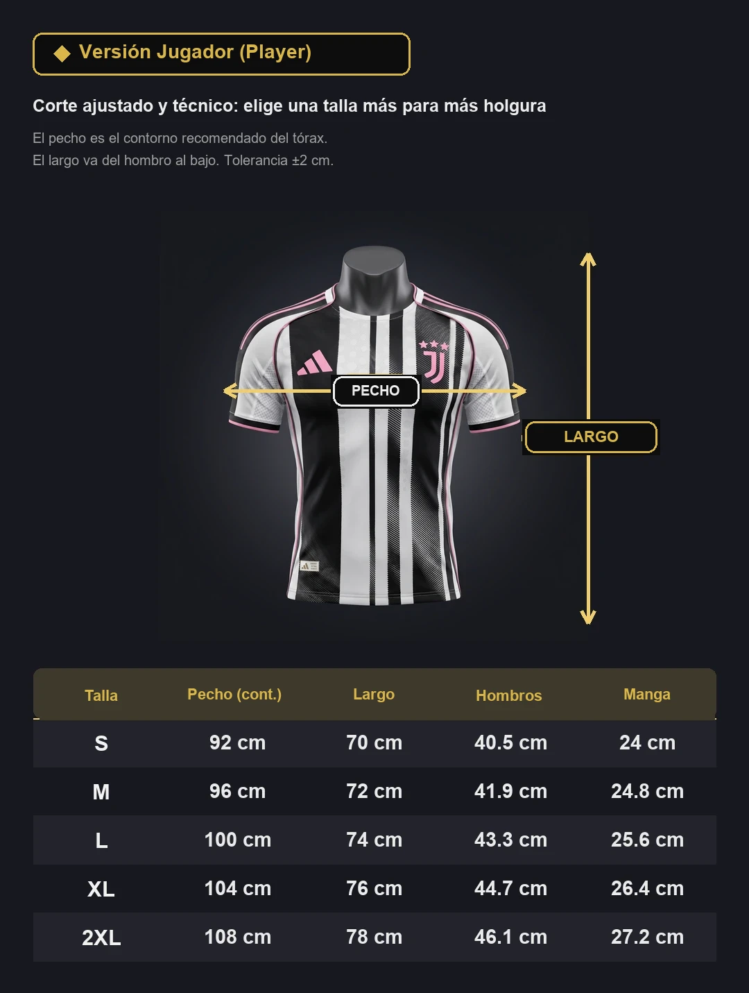 Guida taglie versione giocatore player con maglia, petto, lunghezza e misure