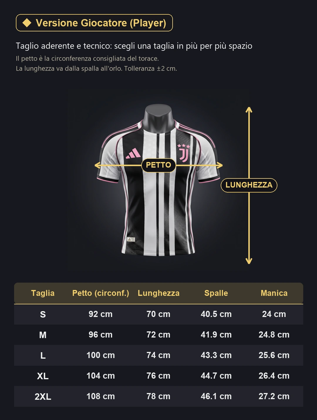 Guida taglie versione giocatore player con maglia, petto, lunghezza e misure