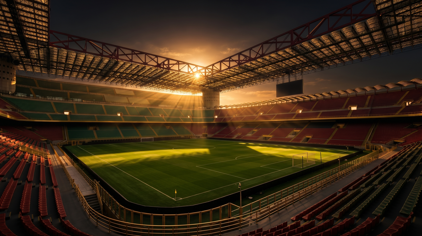 Stadio italiano al tramonto con luci dorate - simbolo della passione del calcio e delle maglie Tifoso Store