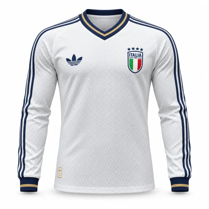 Camiseta Italia Manga Larga Mundial 2026 – Segunda Equipación – Jugador – vista frontal, presentación virtual basada en el producto