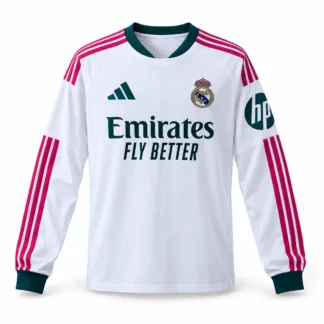Prima Maglia Real Madrid 2026/27 – Manica Lunga – vista frontale, presentazione virtuale basata sul prodotto