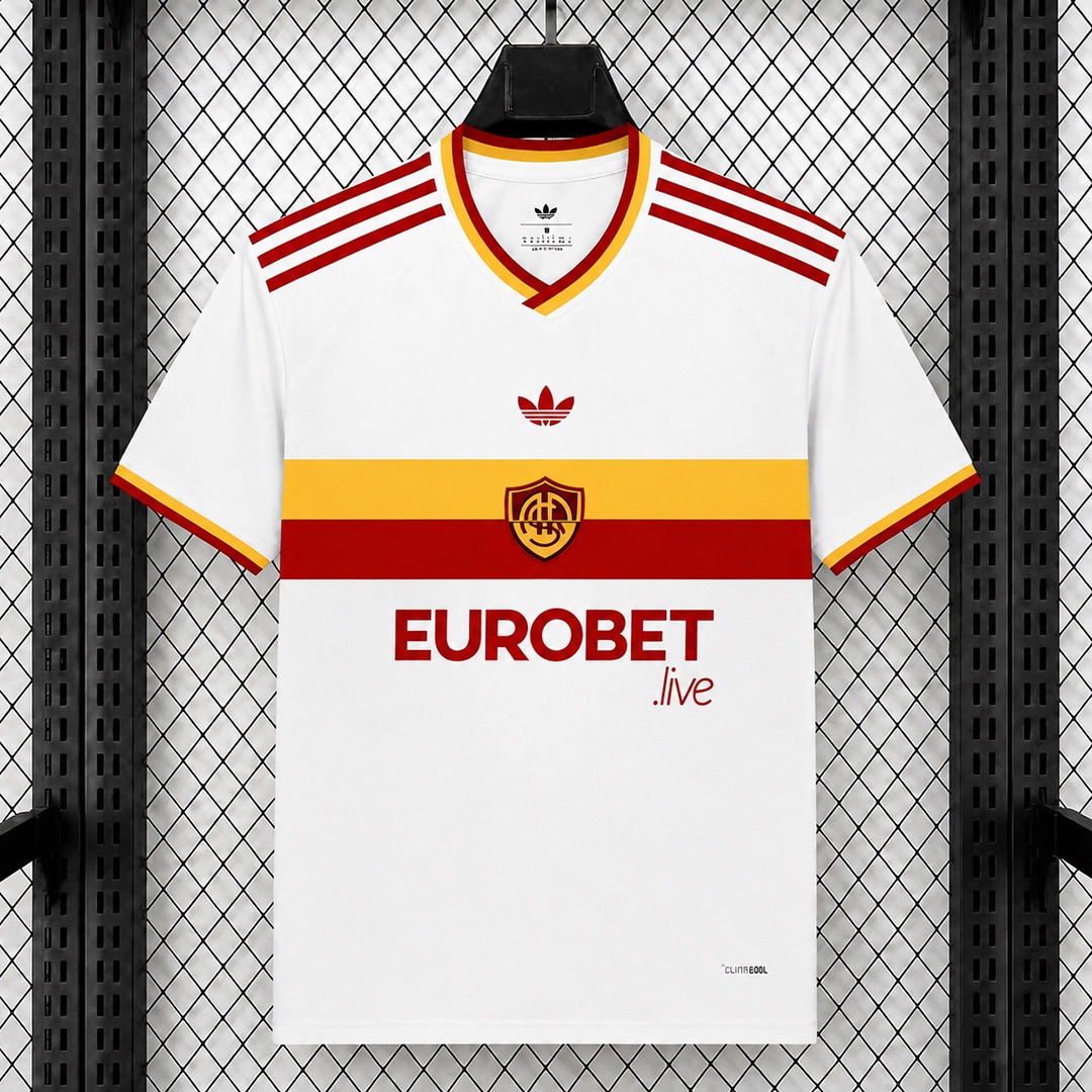 seconda maglia roma fronte bianco con bande giallorosse