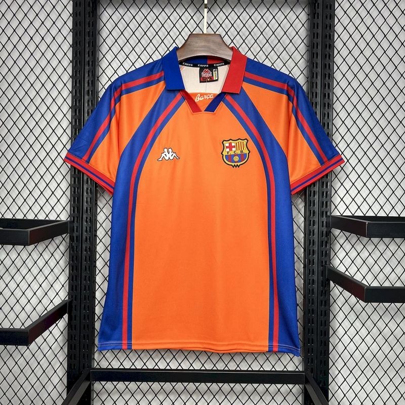 maglia barcellona away 1998 fronte arancio con banda blu