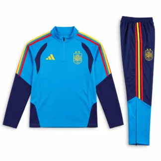 Chándal España azul de dos estrellas 2026/27 – presentación virtual: frontal de la parte superior y pantalón frontal doblado