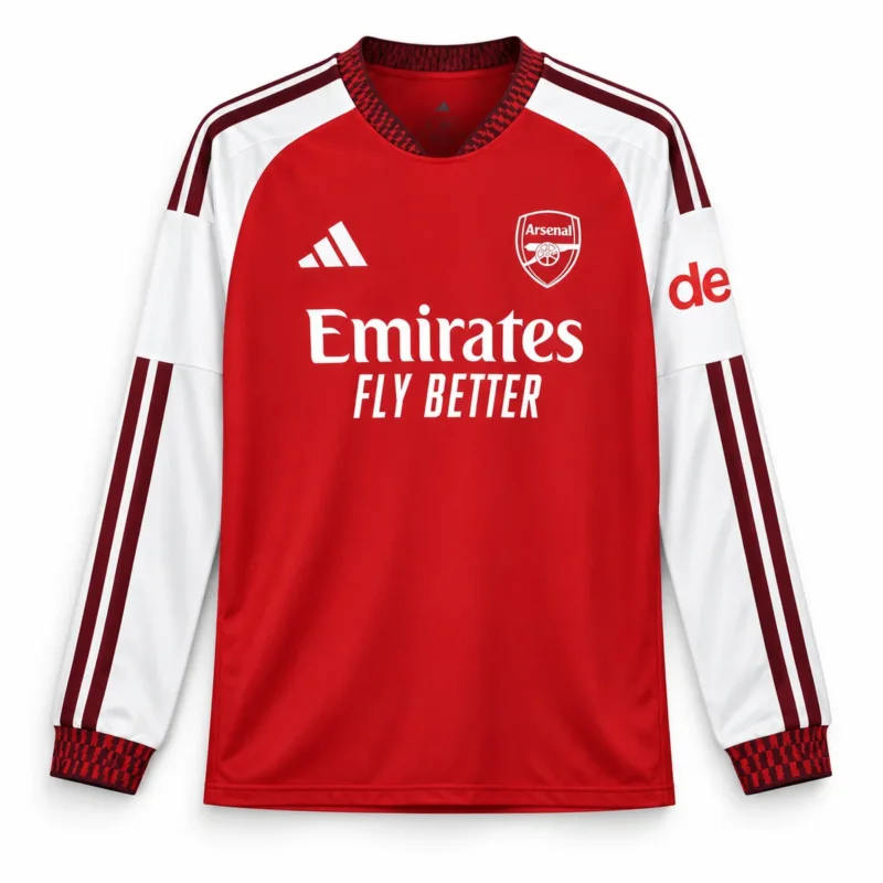 Prima Maglia Arsenal 2026/27 – Manica Lunga – vista frontale, presentazione virtuale basata sul prodotto