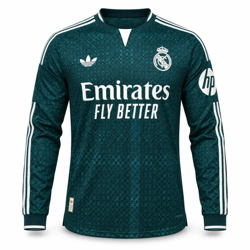 Seconda Maglia Real Madrid 2026/27 – Manica Lunga Versione Giocatore – vista frontale, presentazione virtuale basata sul prodotto