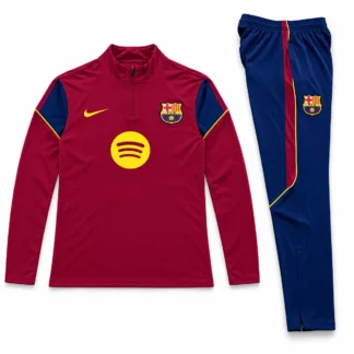 Chándal Barcelona granate 2026/27 – presentación virtual: frontal de la parte superior y pantalón frontal doblado
