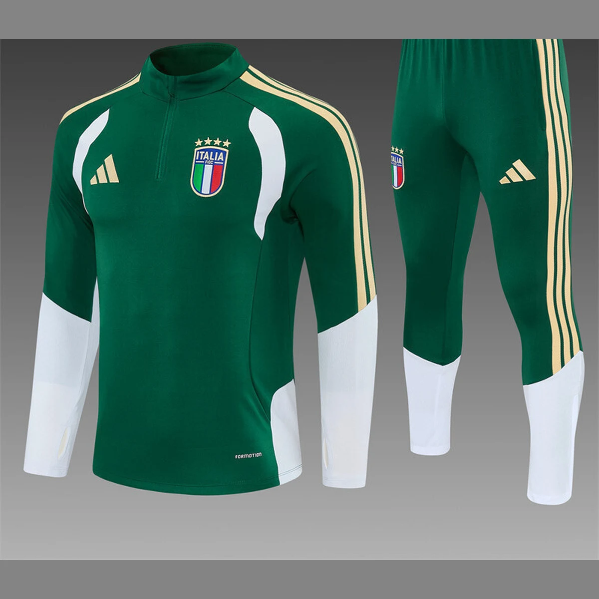 Tuta Italia bambino verde 2026/27 – dettaglio frontale di giacca e pantaloni