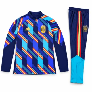 Chándal España multicolor 2026/27 – presentación virtual: frontal de la parte superior y pantalón frontal doblado