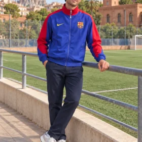 Chaqueta Barcelona Azul y Roja con Cremallera – sobre modelo virtual, imagen ilustrativa