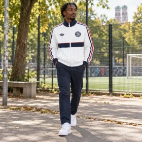 Giacca Bayern Monaco Bianca con Fascia Blu Navy – indossata da modello virtuale, immagine illustrativa