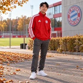 Chaqueta Bayern Múnich Roja con Tres Rayas Blancas – sobre modelo virtual, imagen ilustrativa