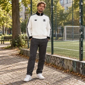 Chaqueta Alemania Blanca y Negra con Cremallera – sobre modelo virtual, imagen ilustrativa