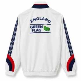 Giacca Inghilterra Retro Bianca Blu e Rossa Green Flag – vista posteriore commerciale