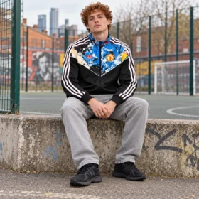 Chaqueta Manchester United Stone Roses Negra y Azul – sobre modelo virtual, imagen ilustrativa