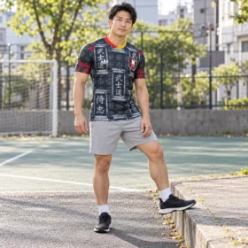 Maglia Giappone Nera Bushido – Giocatore – indossata da modello virtuale, immagine illustrativa
