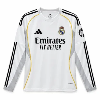 Prima Maglia Real Madrid Manica Lunga 2025/26 — vista frontale, presentazione commerciale