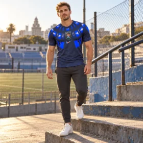 Camiseta Uruguay Segunda Azul 2026 – Jugador – sobre modelo virtual, imagen ilustrativa