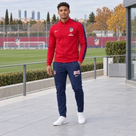 Chándal Atlético Madrid Rojo y Azul Cremallera Completa 2026/27 – conjunto sobre modelo virtual, imagen ilustrativa