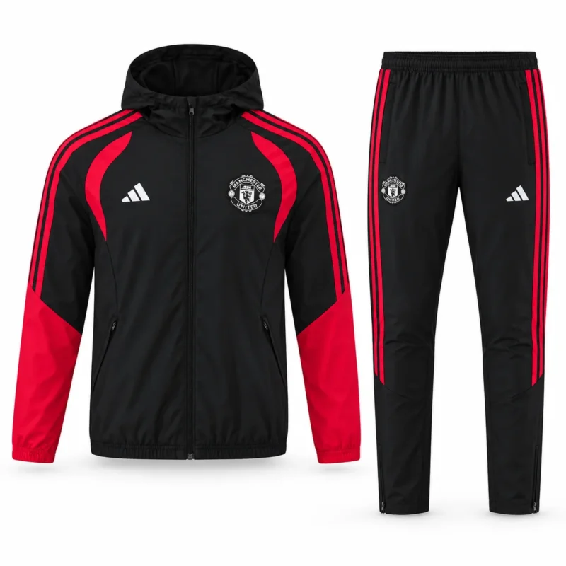 Tuta Manchester United 2026/27 Nera e Rossa con Cappuccio – vista frontale commerciale