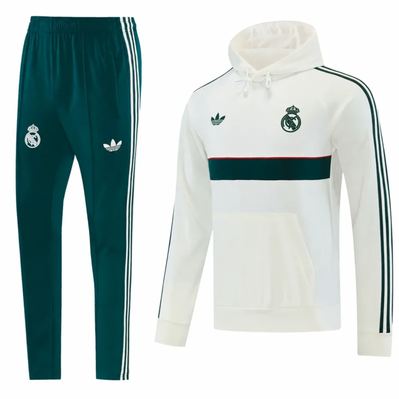 Tuta Real Madrid Crema e Verde con Cappuccio 2026/27 – vista frontale commerciale rielaborata