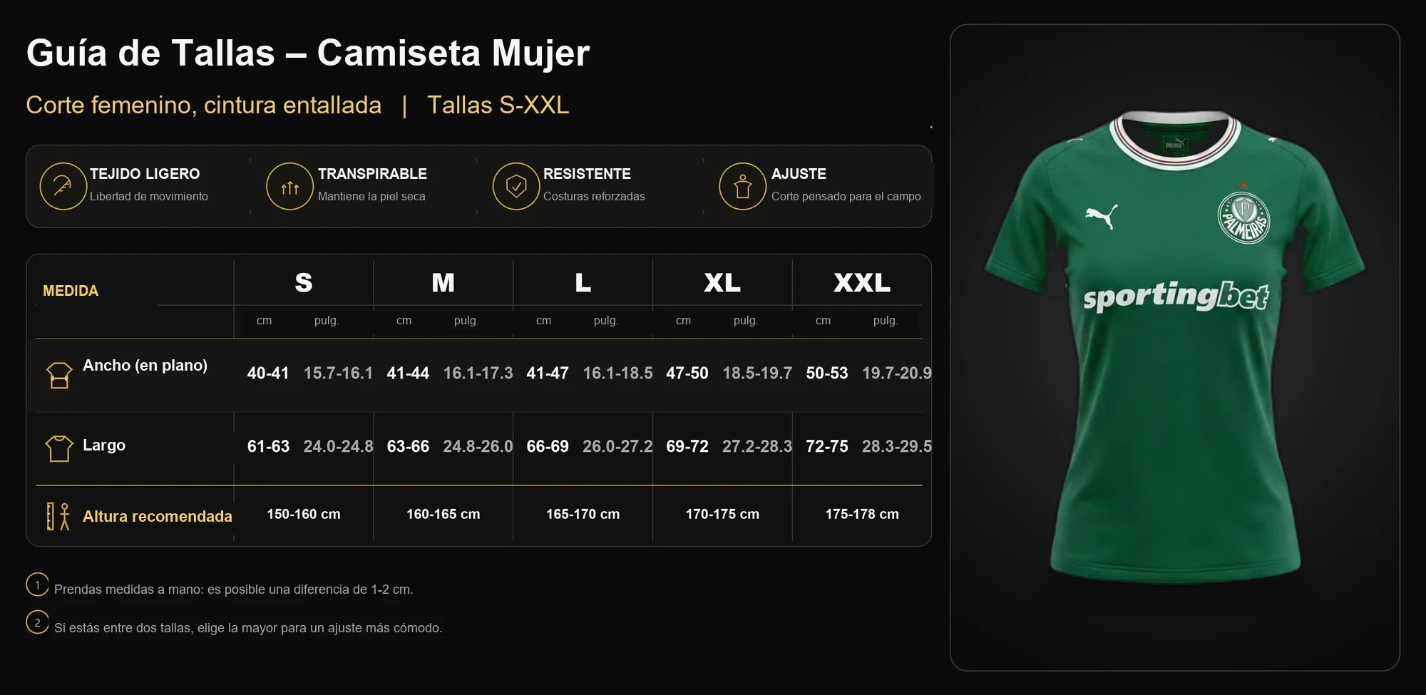 Guía de tallas versión mujer: anchura, largo y altura recomendada de la S a la XXL